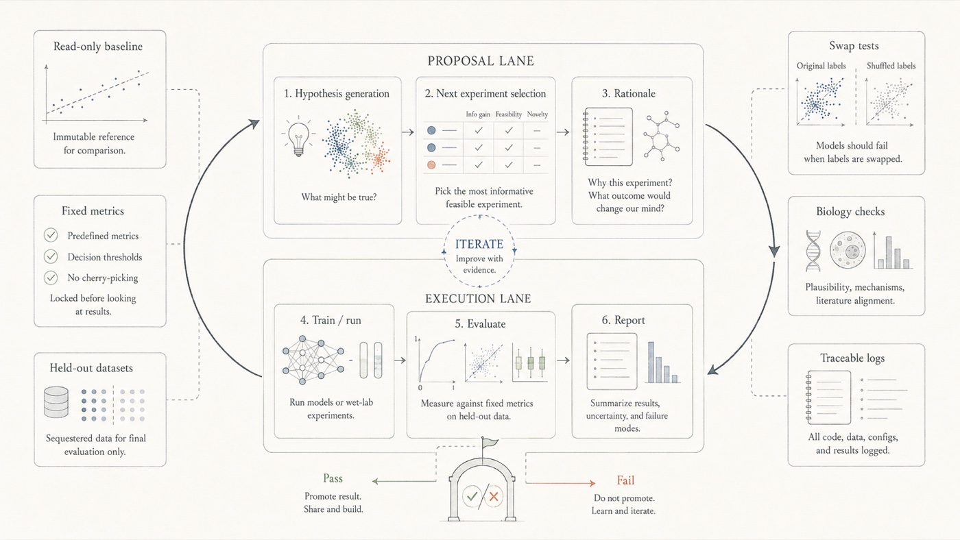Autonomous biology machine learning research loop with proposal lane, execution lane, fixed metrics, held-out datasets, swap tests, biology checks, traceable logs, and pass/fail gates.