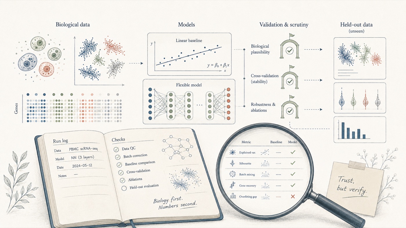 Scientific workflow showing biological data, models, validation gates, held-out data, and a run log.
