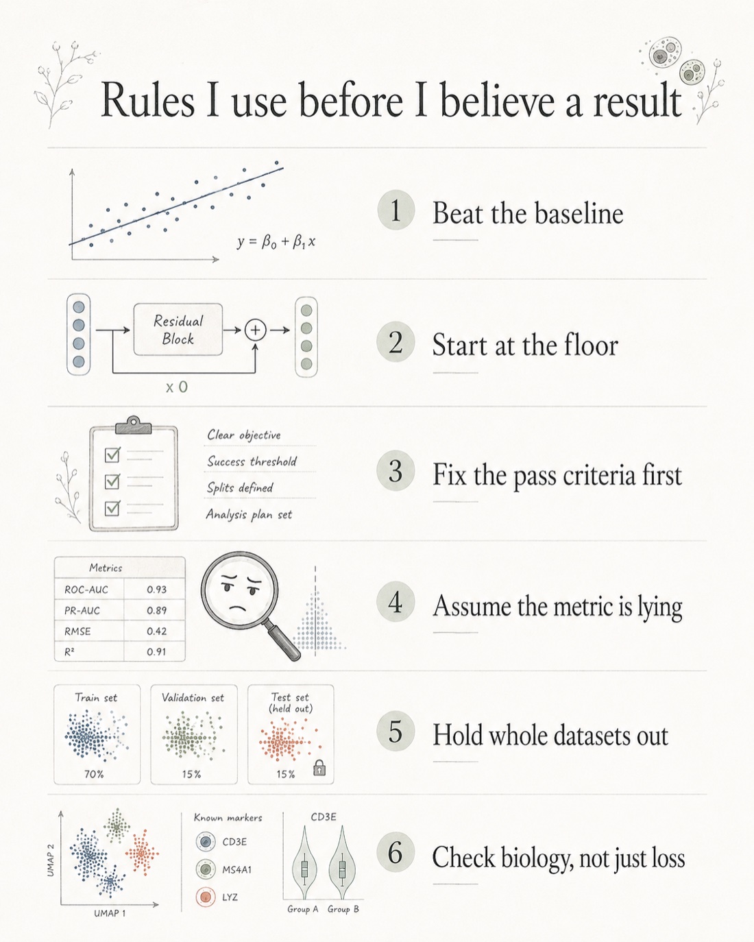 Six rules before believing a machine learning result in biology: beat the baseline, start at the floor, fix pass criteria first, assume the metric is lying, hold whole datasets out, and check biology not just loss.