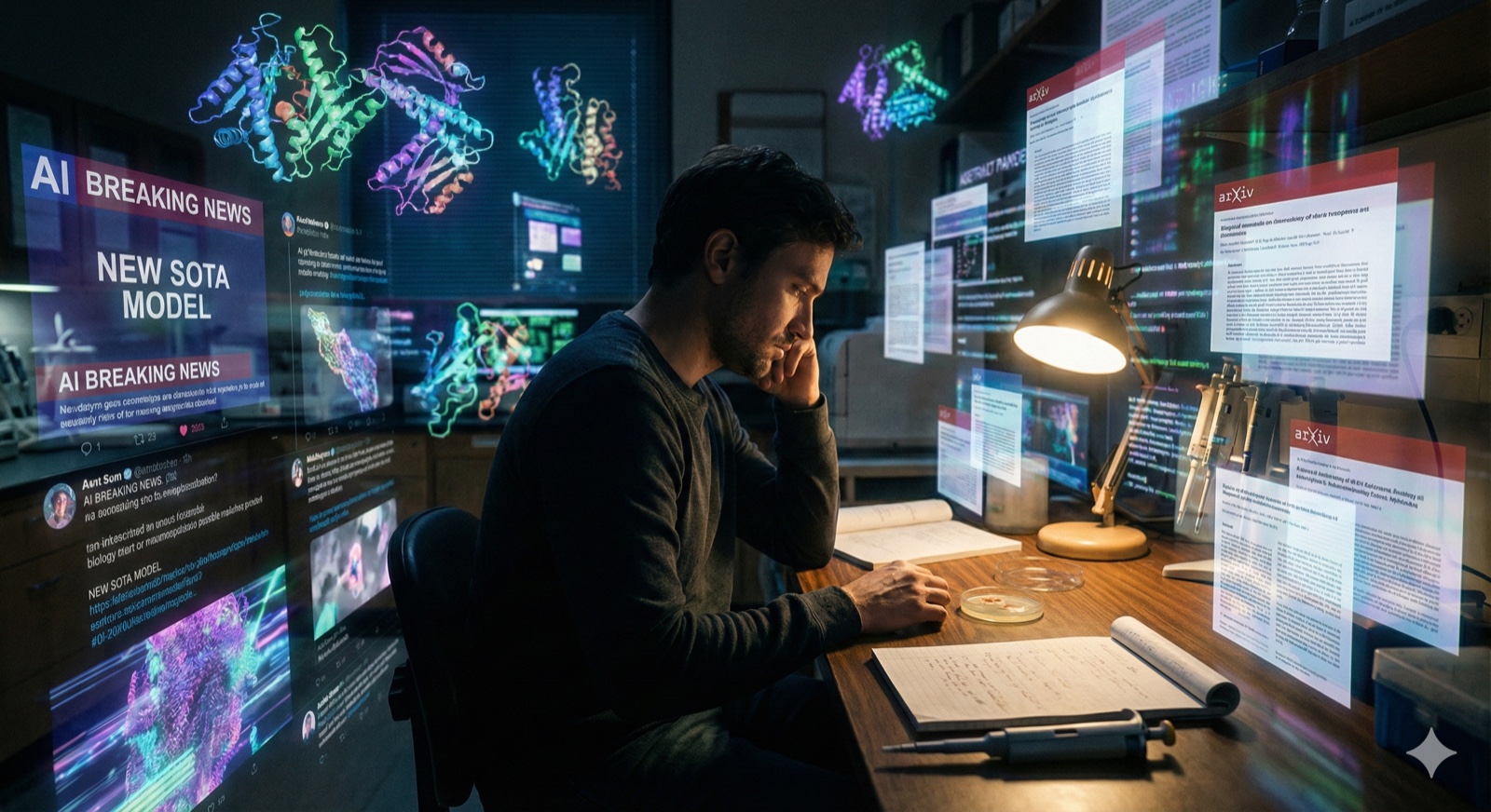 A researcher at a desk surrounded by floating screens of AI news, preprints, and protein structures